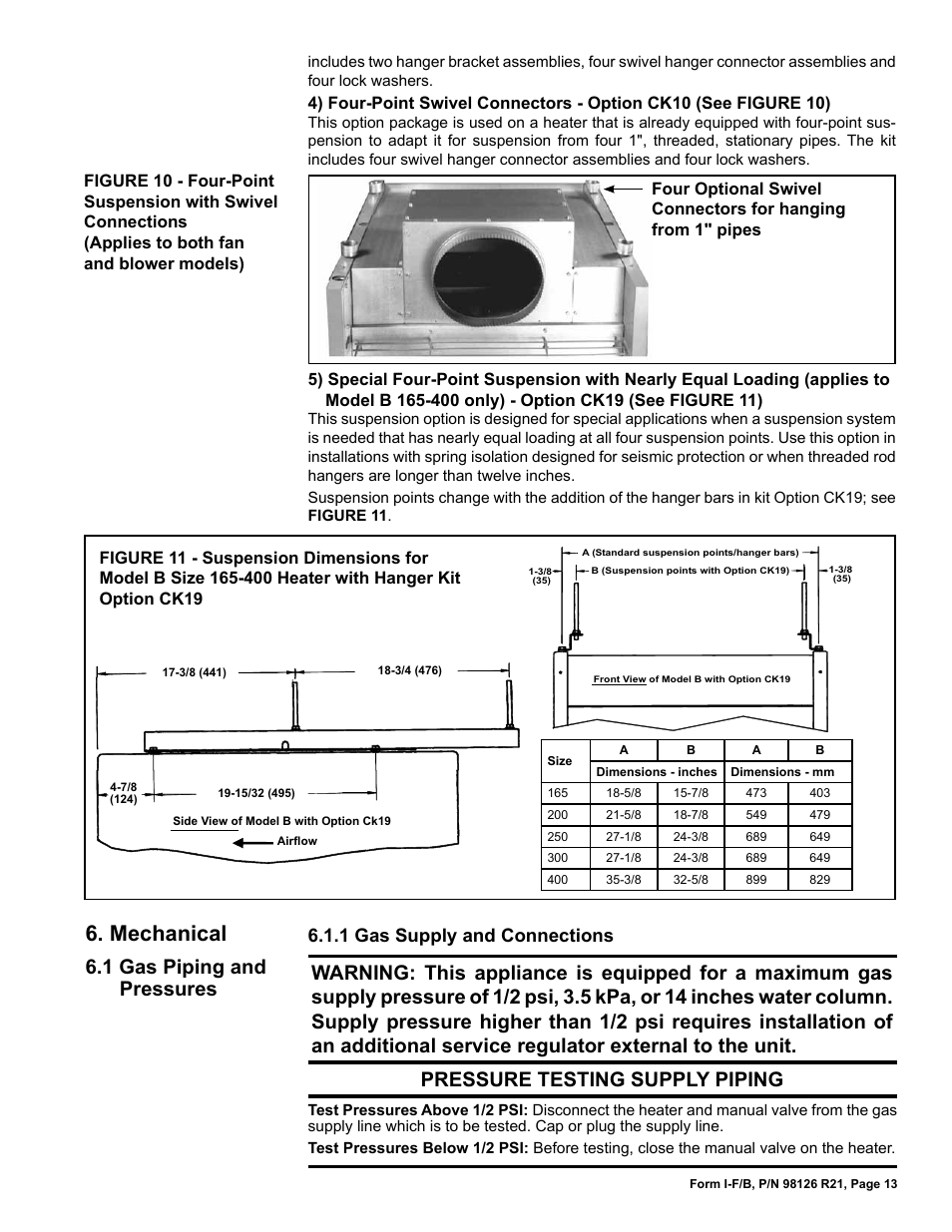 Mechanical, 1 gas piping and pressures, 1 gas supply and connections | Reznor B Unit Installation Manual User Manual | Page 13 / 40