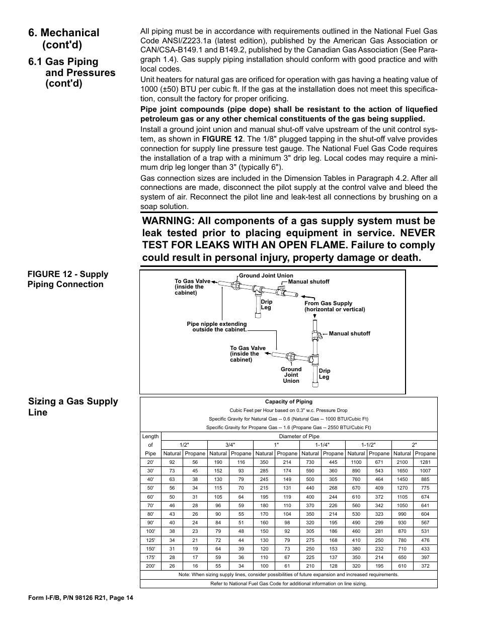 Mechanical (cont'd), 1 gas piping and pressures (cont'd), Sizing a gas supply line | Figure 12 - supply piping connection | Reznor B Unit Installation Manual User Manual | Page 14 / 40