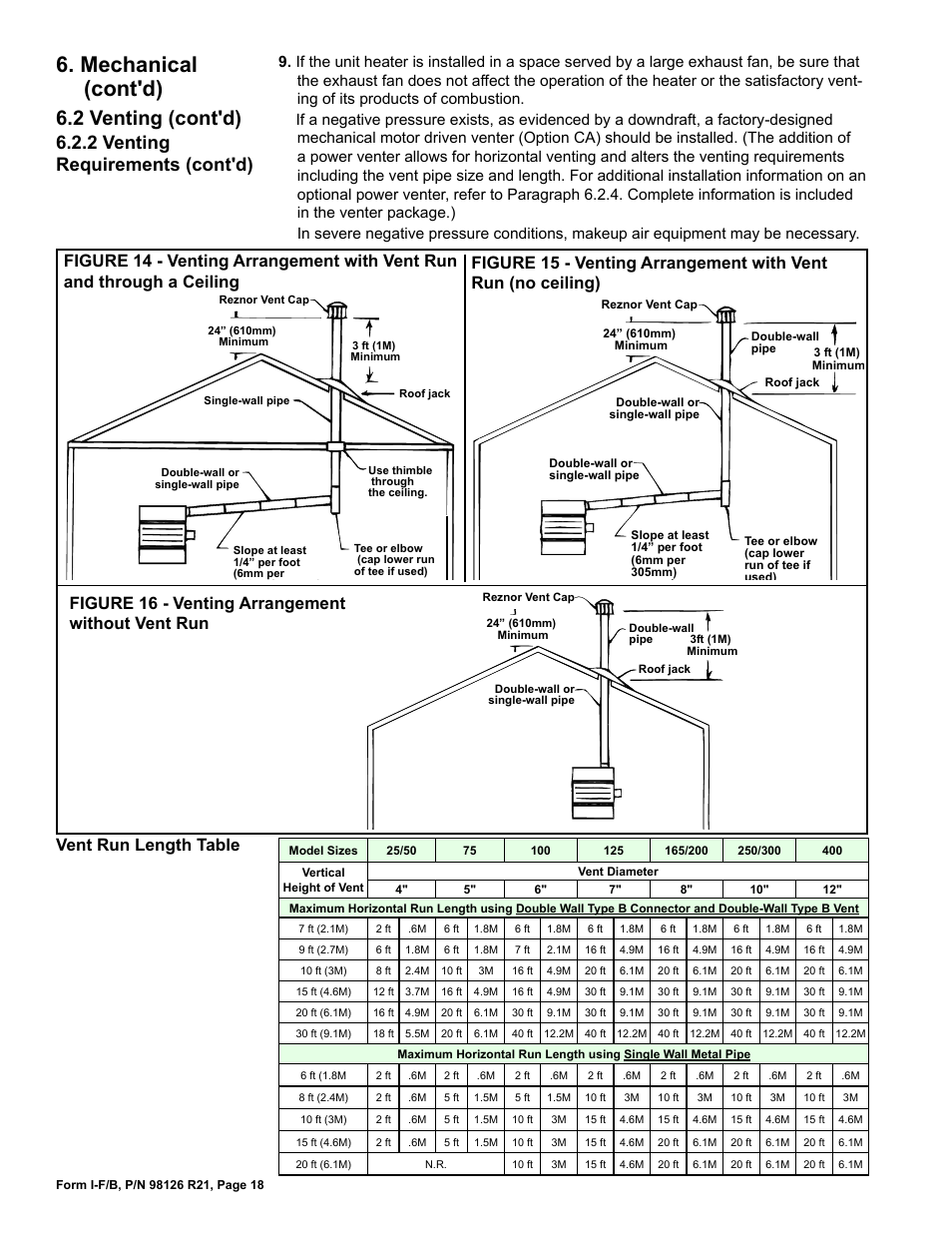 Mechanical (cont'd), 2 venting (cont'd), 2 venting requirements (cont'd) | Figure 16 - venting arrangement without vent run, Vent run length table | Reznor B Unit Installation Manual User Manual | Page 18 / 40