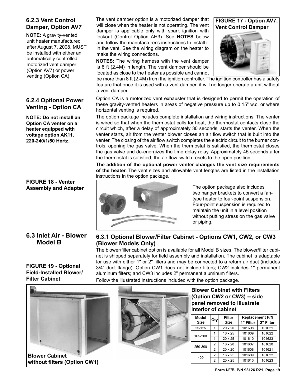 3 inlet air - blower model b, 3 vent control damper, option av7, 4 optional power venting - option ca | Reznor B Unit Installation Manual User Manual | Page 19 / 40
