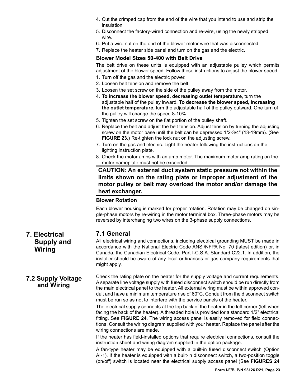 Electrical supply and wiring, 1 general, 2 supply voltage and wiring | Reznor B Unit Installation Manual User Manual | Page 23 / 40