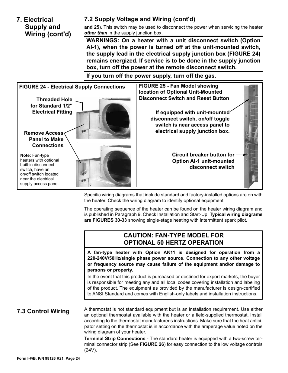Electrical supply and wiring (cont'd), 2 supply voltage and wiring (cont'd), 3 control wiring | Reznor B Unit Installation Manual User Manual | Page 24 / 40