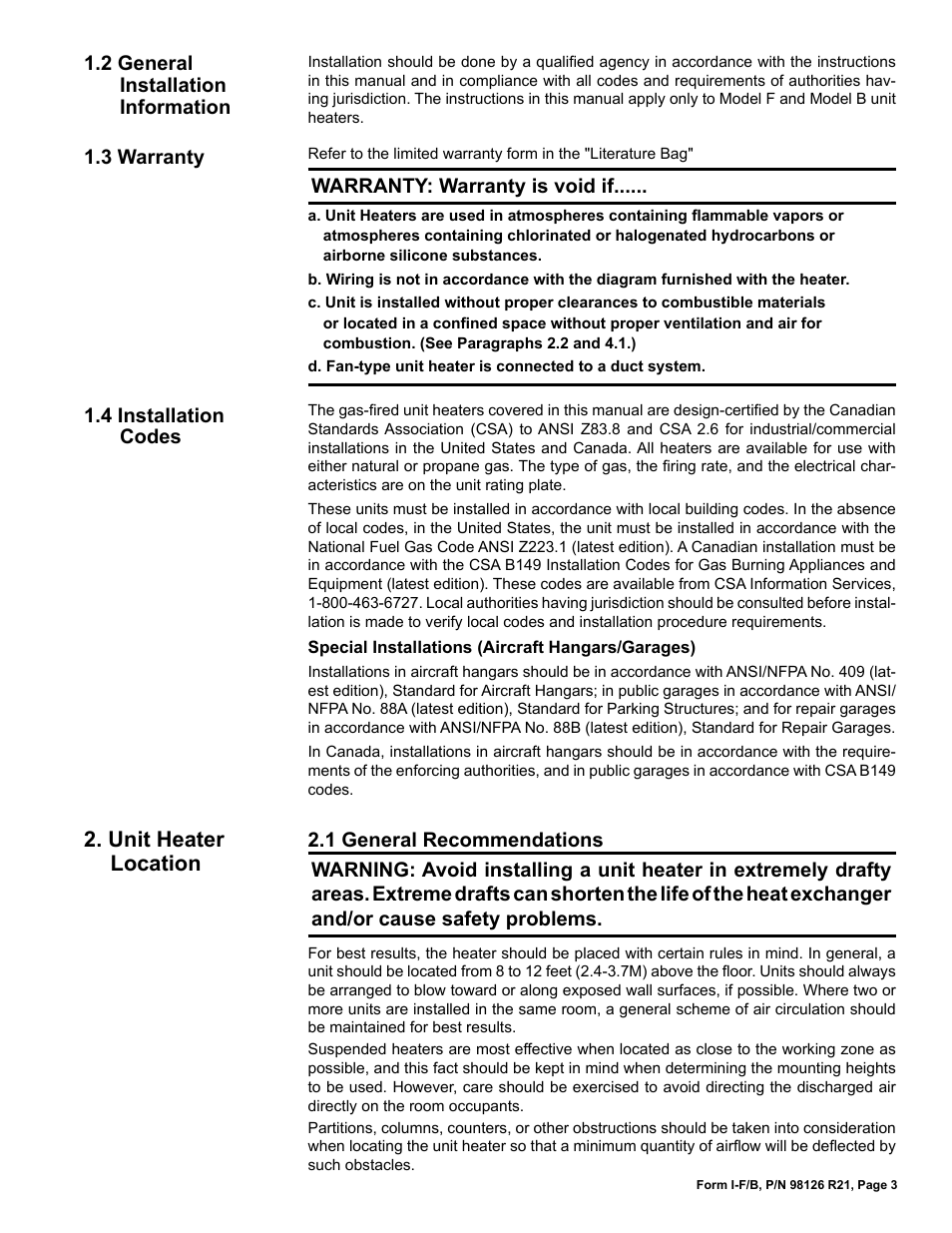 Unit heater location, Warranty: warranty is void if | Reznor B Unit Installation Manual User Manual | Page 3 / 40
