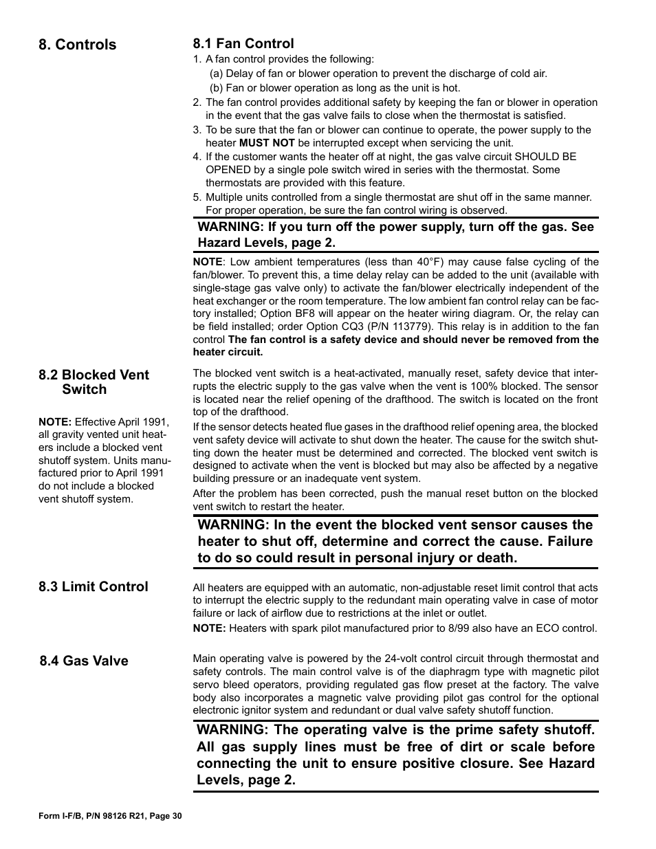 Controls, 1 fan control, 2 blocked vent switch | Reznor B Unit Installation Manual User Manual | Page 30 / 40