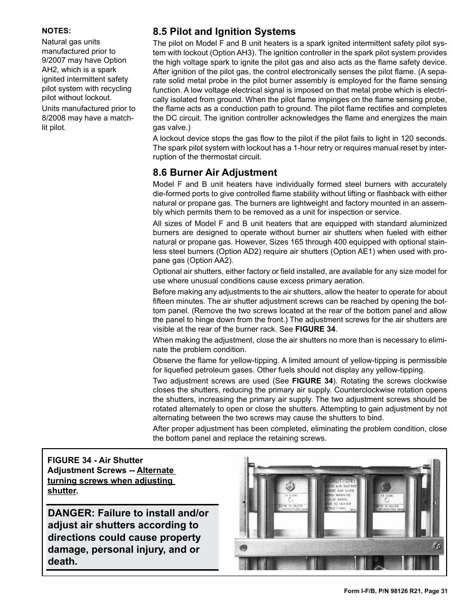 5 pilot and ignition systems, 6 burner air adjustment | Reznor B Unit Installation Manual User Manual | Page 31 / 40