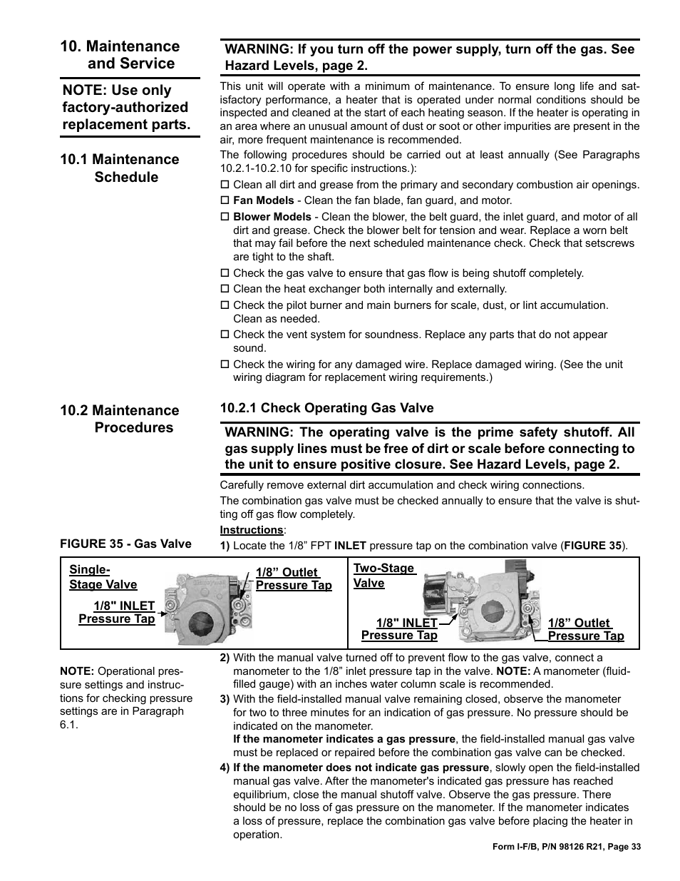 Maintenance and service, 1 maintenance schedule, 2 maintenance procedures | Reznor B Unit Installation Manual User Manual | Page 33 / 40