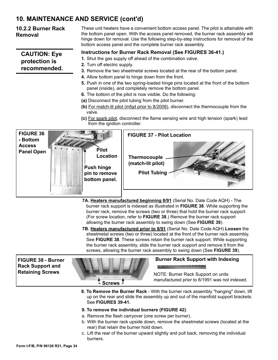 Maintenance and service (cont'd), Caution: eye protection is recommended | Reznor B Unit Installation Manual User Manual | Page 34 / 40