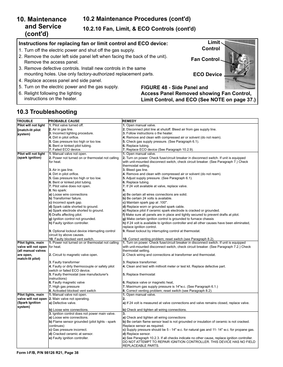 Maintenance and service (cont'd), 3 troubleshooting, 2 maintenance procedures (cont'd) | 10 fan, limit, & eco controls (cont'd) | Reznor B Unit Installation Manual User Manual | Page 38 / 40