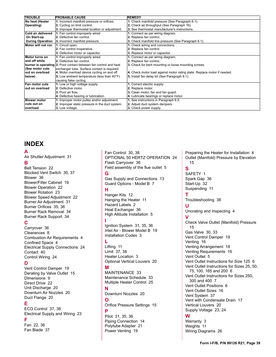 Index | Reznor B Unit Installation Manual User Manual | Page 39 / 40