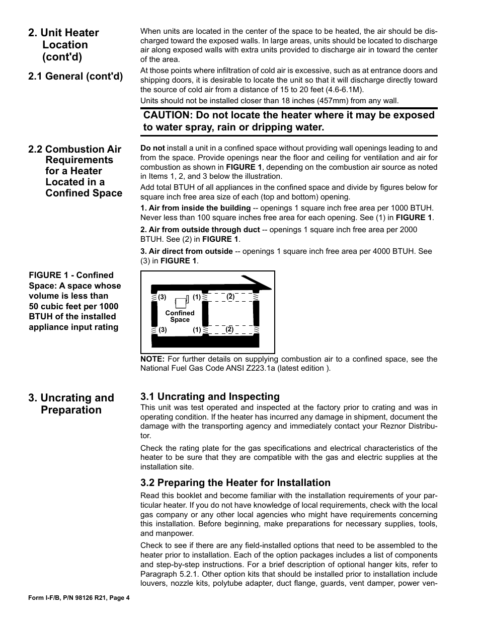 1 uncrating and inspecting, 2 preparing the heater for installation, 1 general (cont'd) | Reznor B Unit Installation Manual User Manual | Page 4 / 40