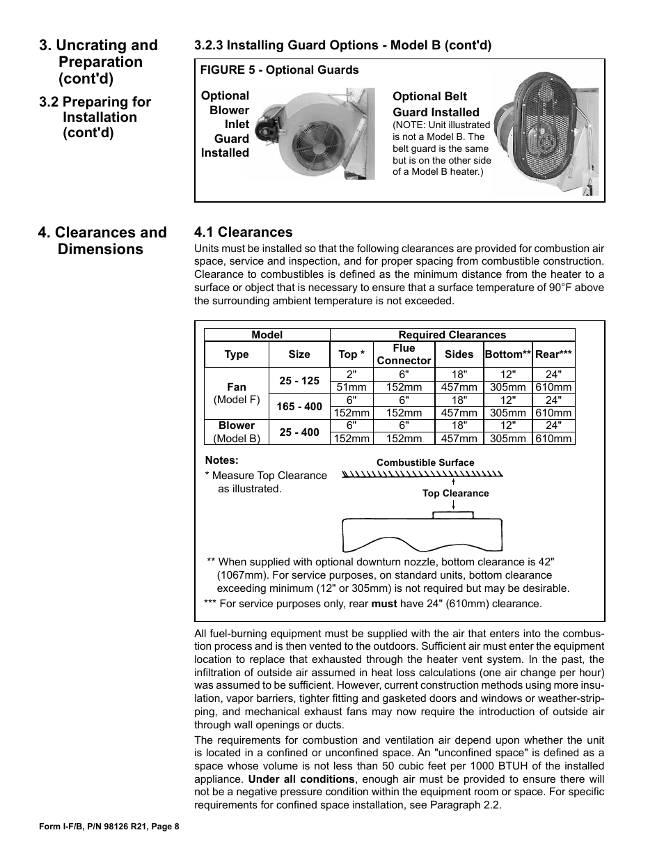 Clearances and dimensions, Uncrating and preparation (cont'd), 1 clearances | 2 preparing for installation (cont'd) | Reznor B Unit Installation Manual User Manual | Page 8 / 40