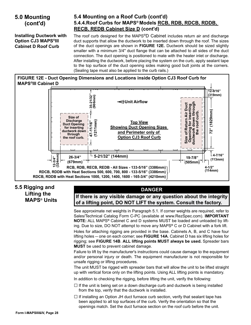 5 rigging and lifting the maps, Units, 0 mounting (cont'd) | Reznor RECC Unit Installation Manual User Manual | Page 28 / 76