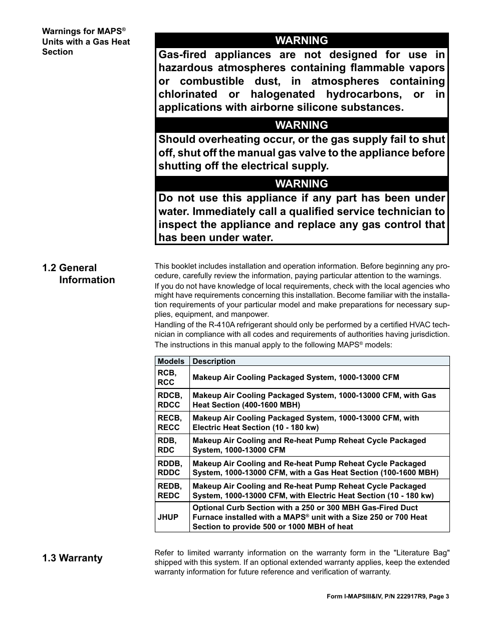 2 general information, 3 warranty | Reznor RECC Unit Installation Manual User Manual | Page 3 / 76