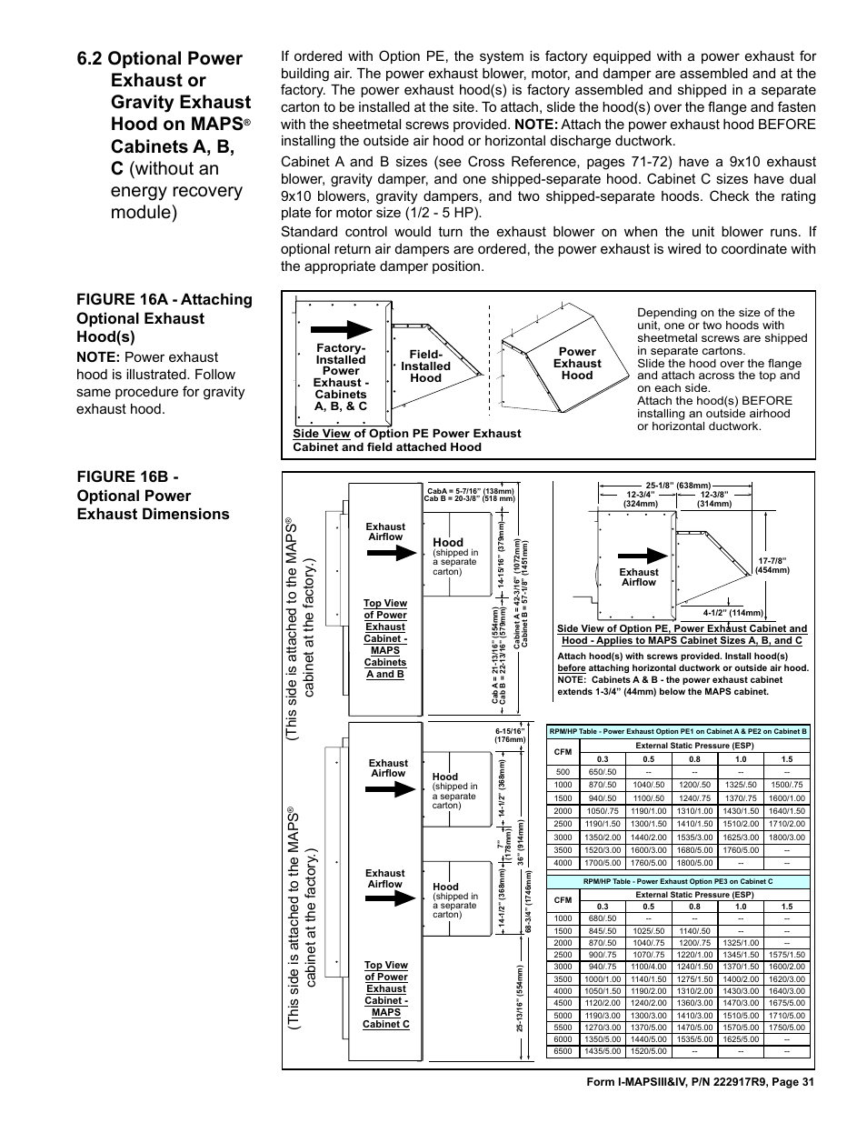 2 optional power exhaust or gravity, Exhaust hood - cabinets a, b, c, Figure 16a - attaching optional exhaust hood(s) | Figure 16b - optional power exhaust dimensions, This side is attached to the maps, Cabinet at the factory .) | Reznor RECC Unit Installation Manual User Manual | Page 31 / 76