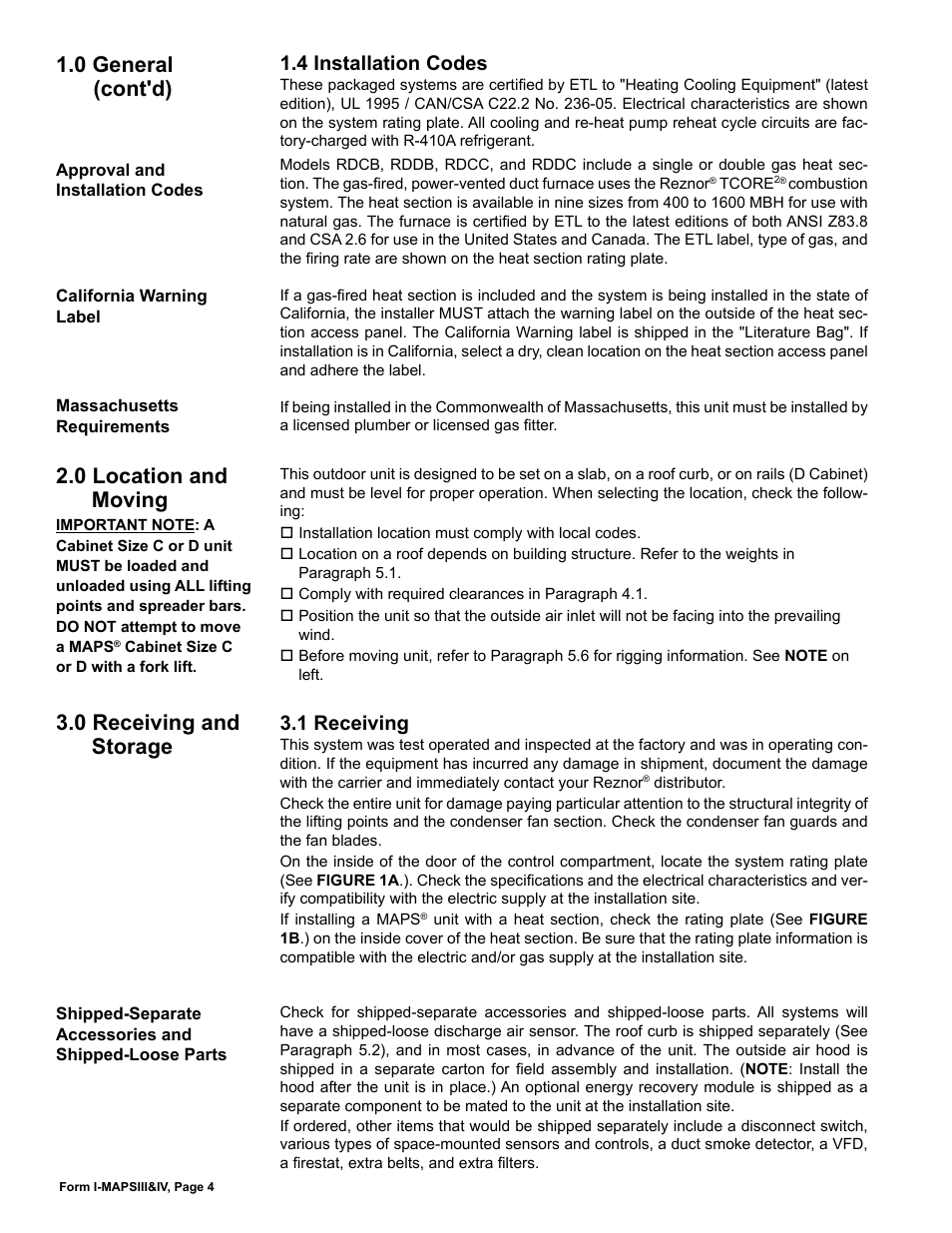 4 installation codes, 0 location and moving 3.0 receiving and storage, 1 receiving | 0 receiving and storage 1.0 general (cont'd), 0 location and moving | Reznor RECC Unit Installation Manual User Manual | Page 4 / 76