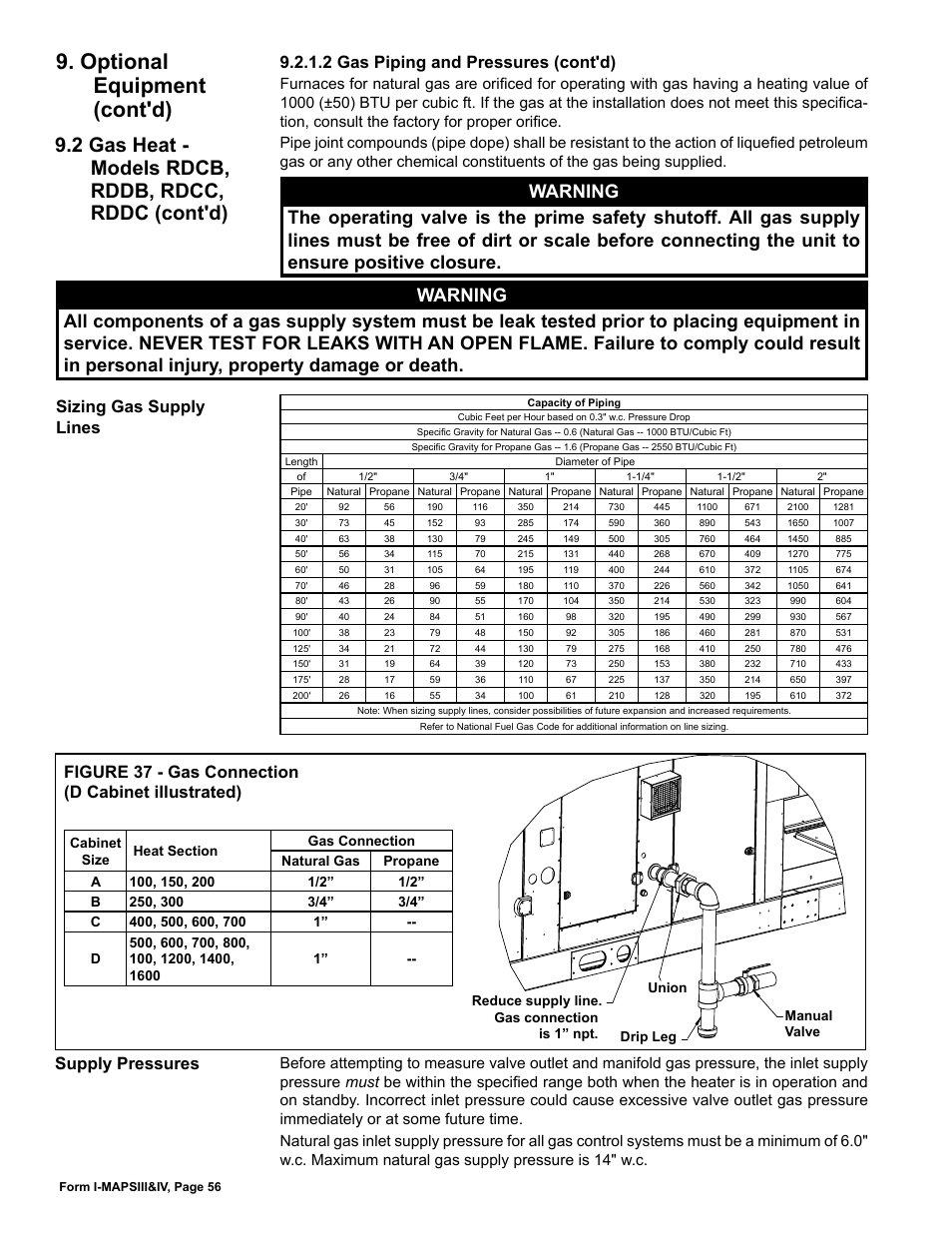 Optional equipment (cont'd), Sizing gas supply lines, 2 gas piping and pressures (cont'd) | Reznor RECC Unit Installation Manual User Manual | Page 56 / 76