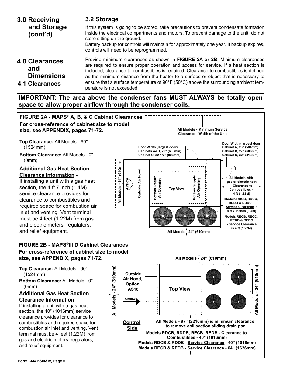 2 storage, 0 clearances and dimensions, 1 clearances | 0 receiving and storage (cont'd) | Reznor RECC Unit Installation Manual User Manual | Page 6 / 76