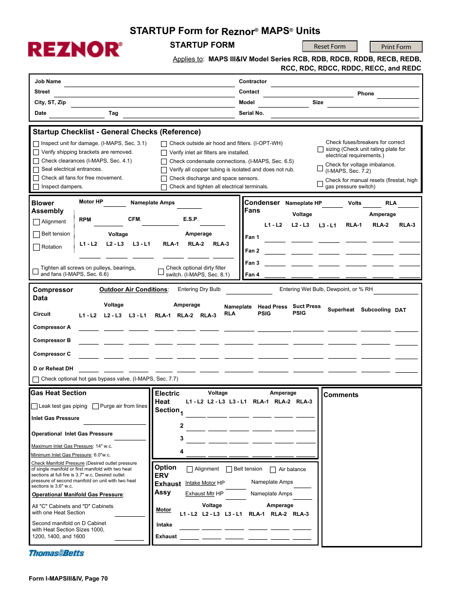 Startup form for reznor, Maps, Units | Startup form, Startup checklist - general checks (reference) | Reznor RECC Unit Installation Manual User Manual | Page 70 / 76