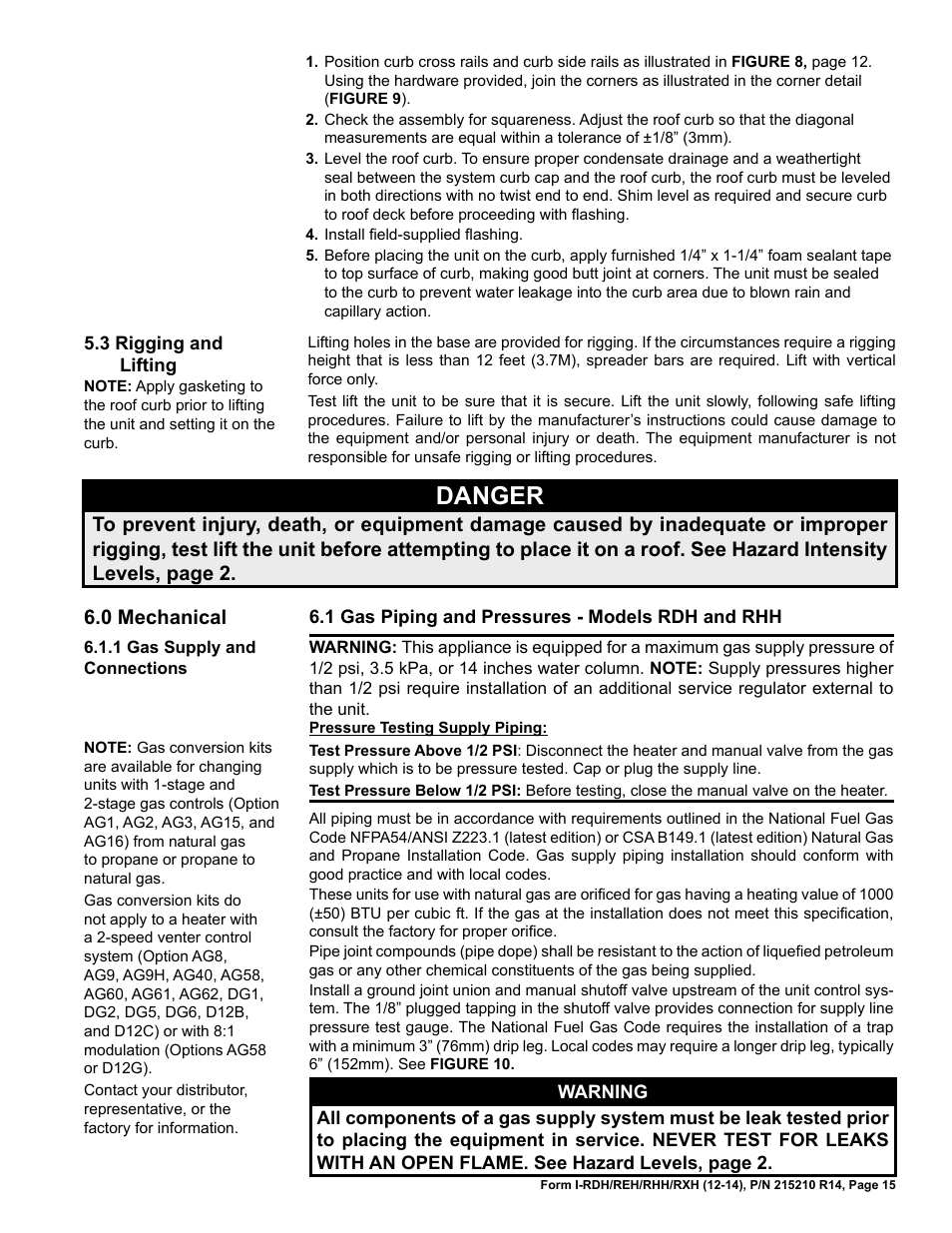 3 rigging and lifting, 0 mechanical, 1 gas piping and pressures - models rdh and rhh | Danger | Reznor RXH (Outdoor PreevA) Unit Installation Manual User Manual | Page 15 / 68