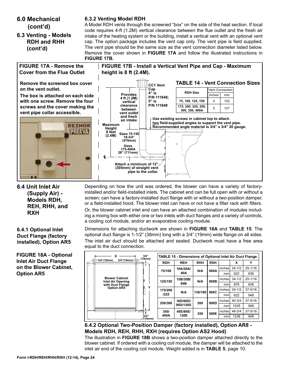 4 unit inlet air (supply air), Models rdh, reh, rhh, and rxh, 0 mechanical (cont’d) | 3 venting - models rdh and rhh (cont’d), Figure 17a - remove the cover from the flue outlet | Reznor RXH (Outdoor PreevA) Unit Installation Manual User Manual | Page 24 / 68