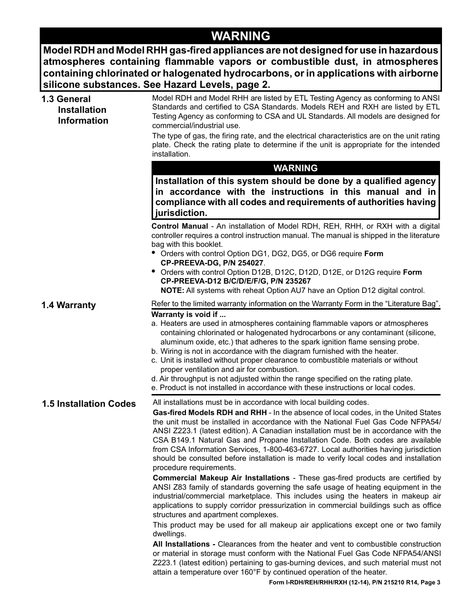 3 general installation information, 4 warranty, 5 installation codes | Warning | Reznor RXH (Outdoor PreevA) Unit Installation Manual User Manual | Page 3 / 68