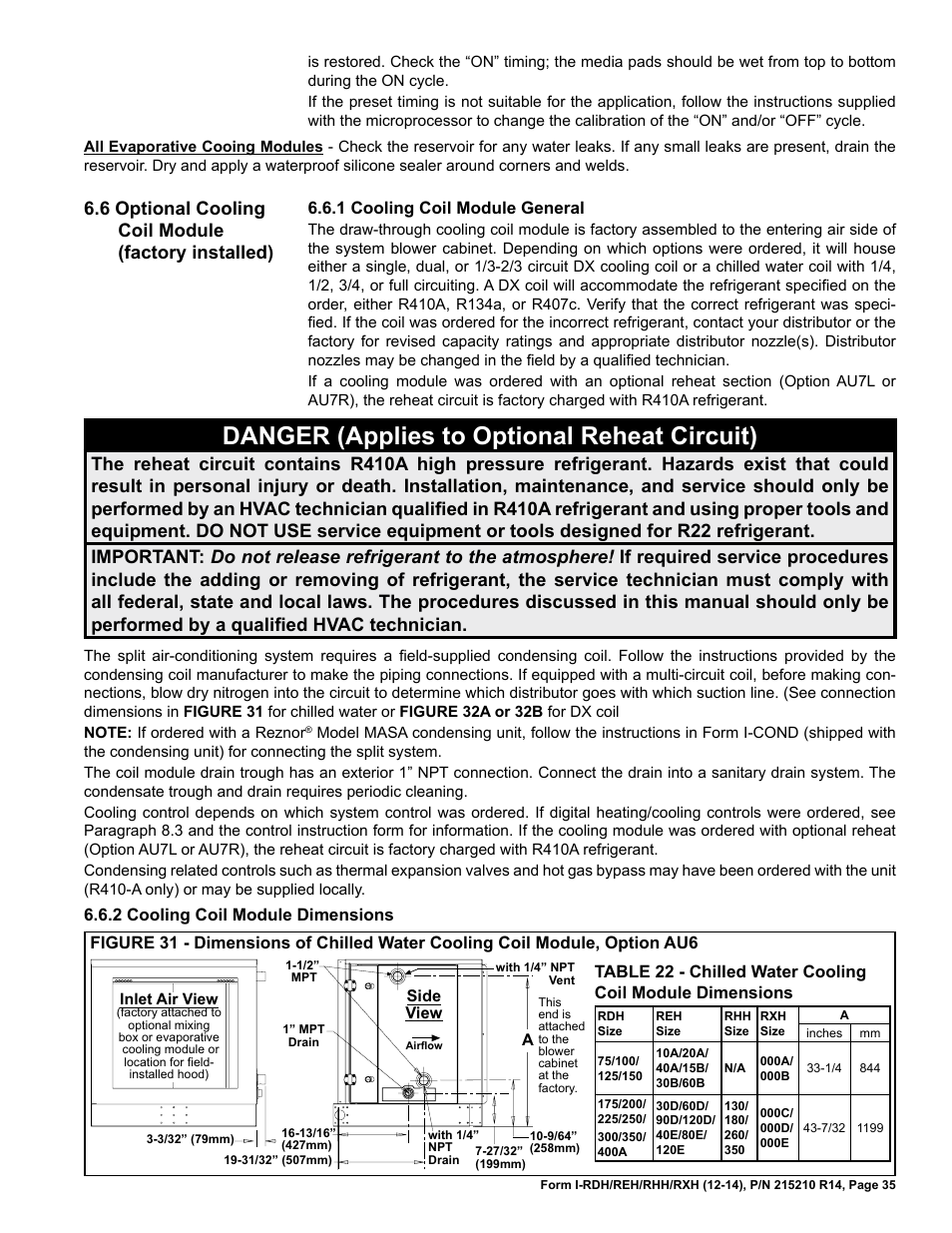 6 optional cooling coil module (factory installed), Danger (applies to optional reheat circuit) | Reznor RXH (Outdoor PreevA) Unit Installation Manual User Manual | Page 35 / 68