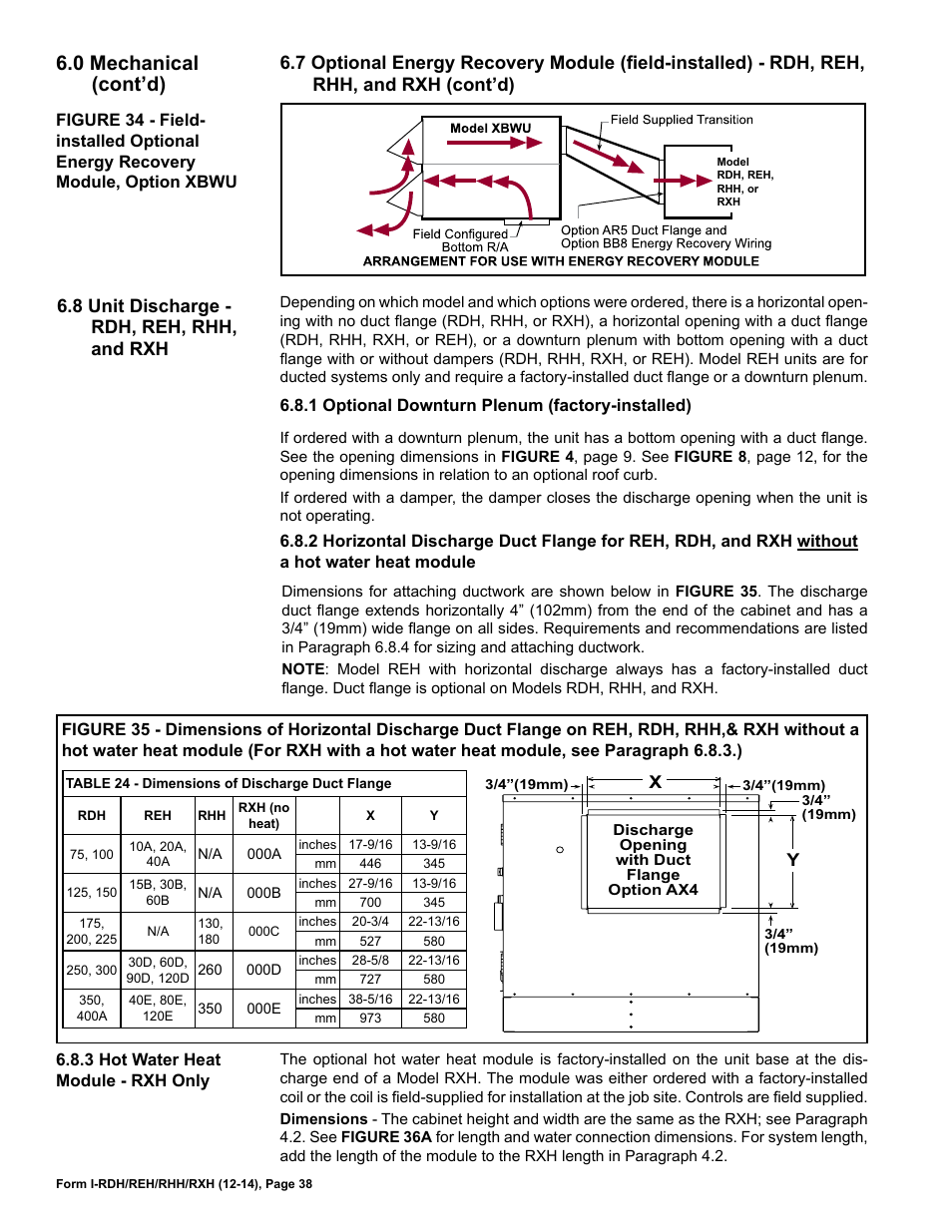 8 unit discharge - rdh, reh, rhh, and rxh, 0 mechanical (cont’d) | Reznor RXH (Outdoor PreevA) Unit Installation Manual User Manual | Page 38 / 68