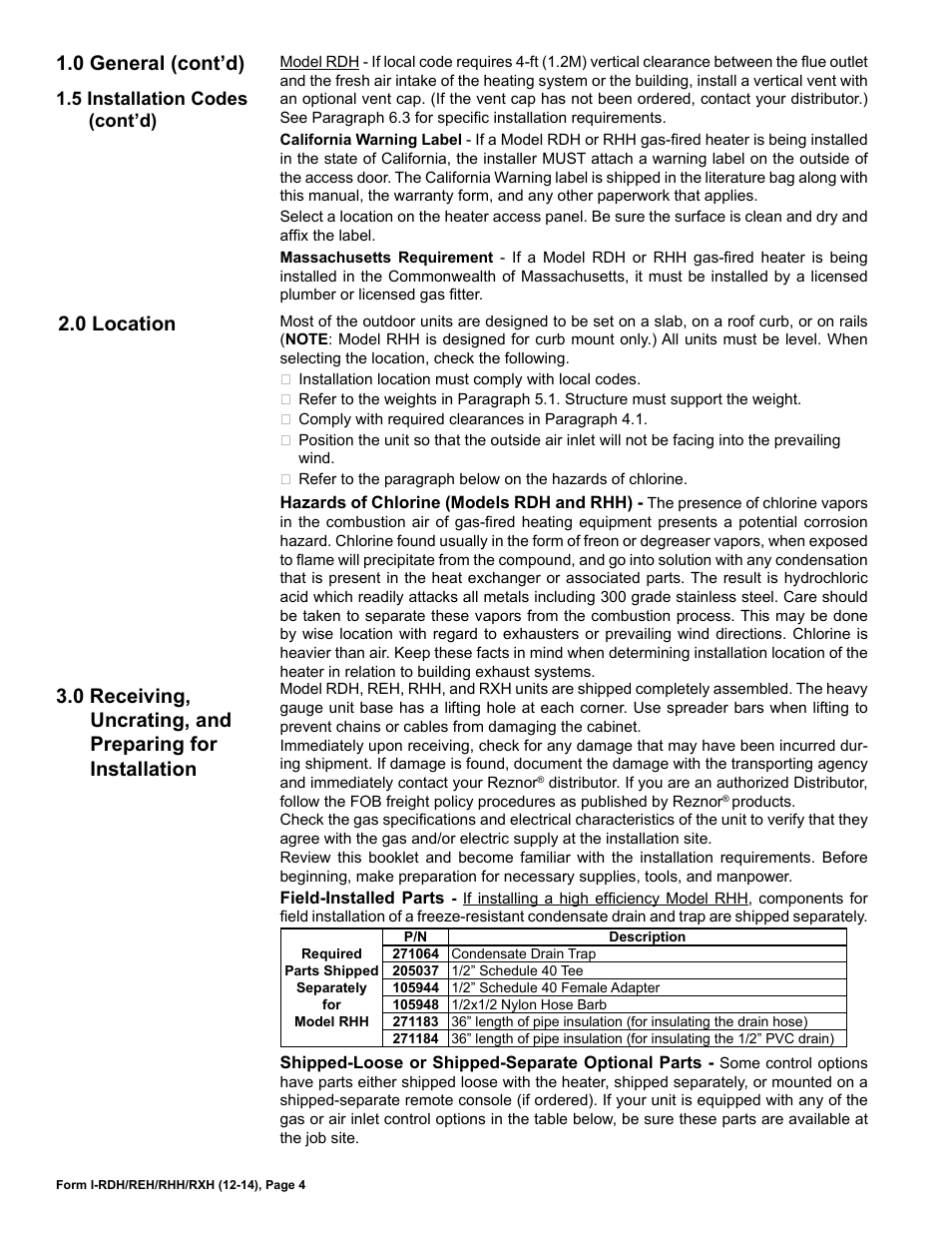 Installation, 0 location, 0 general (cont’d) | Reznor RXH (Outdoor PreevA) Unit Installation Manual User Manual | Page 4 / 68