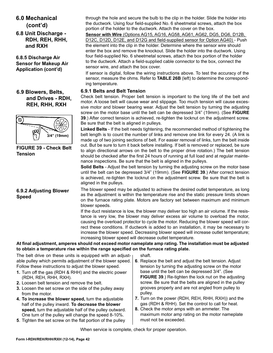 9 blowers, belts, and drives - rdh, reh, rhh, rxh, 0 mechanical (cont’d) | Reznor RXH (Outdoor PreevA) Unit Installation Manual User Manual | Page 42 / 68