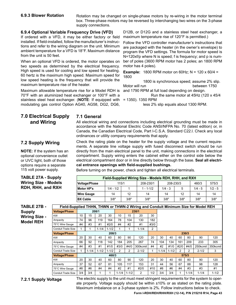 0 electrical supply and wiring, 1 general, 2 supply wiring | 3 blower rotation, 4 optional variable frequency drive (vfd) | Reznor RXH (Outdoor PreevA) Unit Installation Manual User Manual | Page 43 / 68