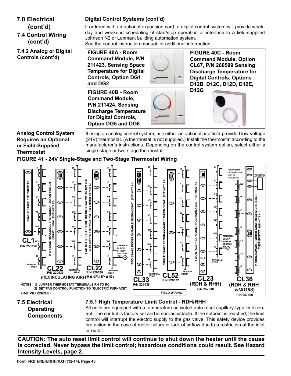5 electrical operating components, Cl33, Cl52 | Cl22, Cl36, Cl23, 0 electrical (cont’d), 4 control wiring (cont’d), 1 high temperature limit control - rdh/rhh, Rdh & rhh w/ag58) | Reznor RXH (Outdoor PreevA) Unit Installation Manual User Manual | Page 46 / 68