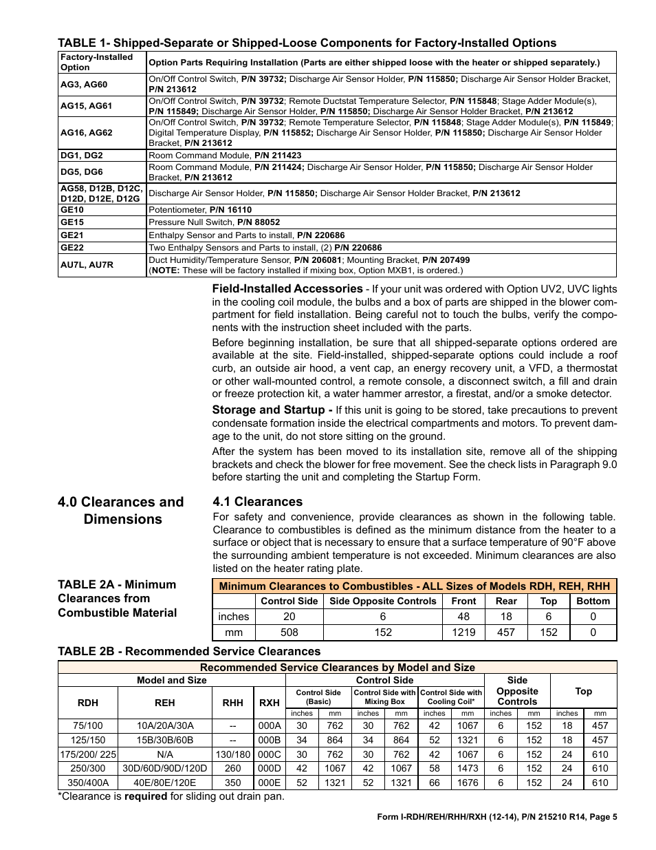 0 clearances and dimensions, 1 clearances | Reznor RXH (Outdoor PreevA) Unit Installation Manual User Manual | Page 5 / 68