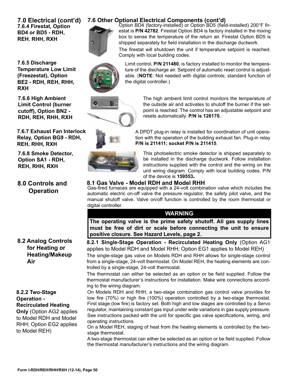 0 controls and operation, 1 gas valve - model rdh and model rhh, 0 electrical (cont’d) | Reznor RXH (Outdoor PreevA) Unit Installation Manual User Manual | Page 50 / 68