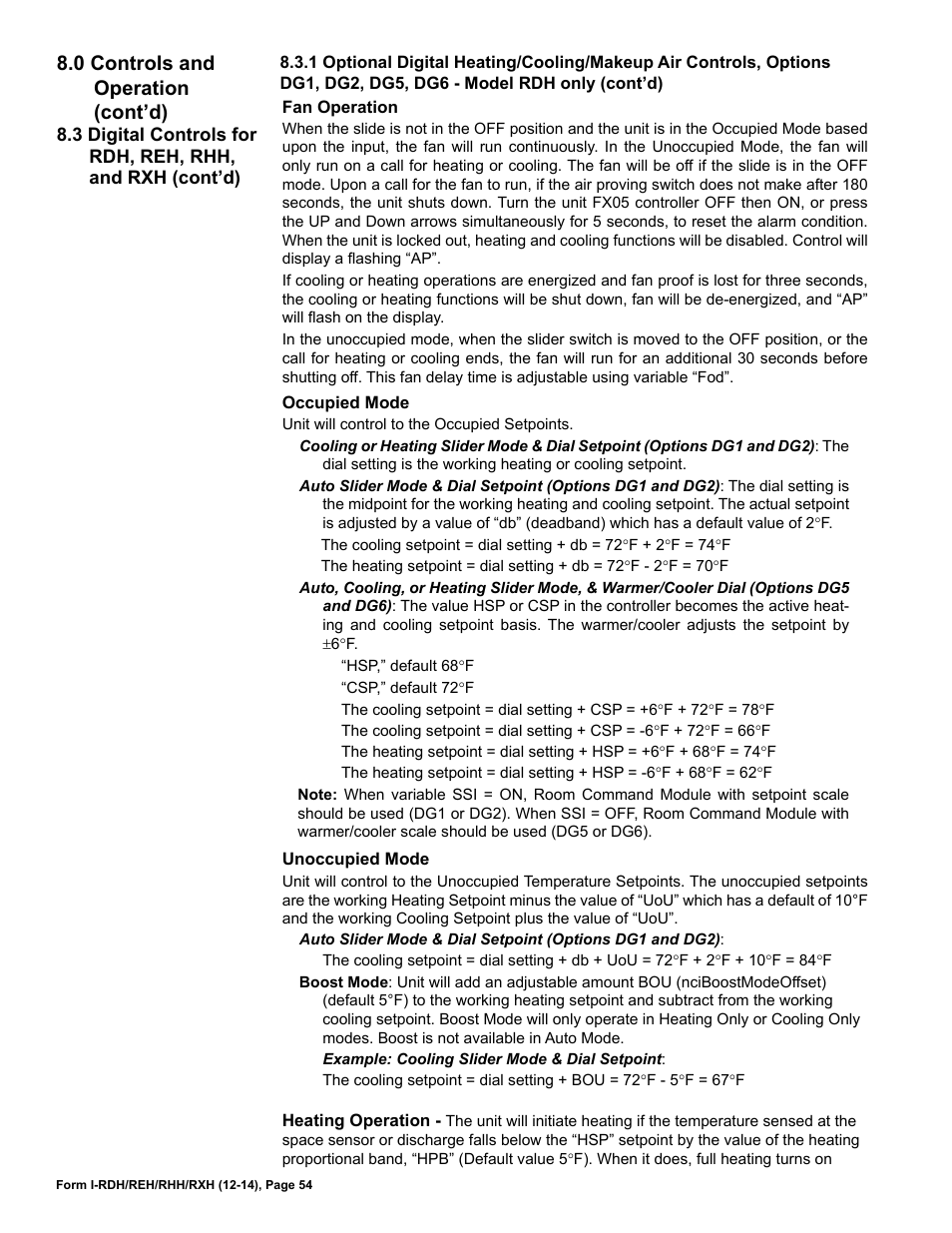 0 controls and operation (cont’d) | Reznor RXH (Outdoor PreevA) Unit Installation Manual User Manual | Page 54 / 68