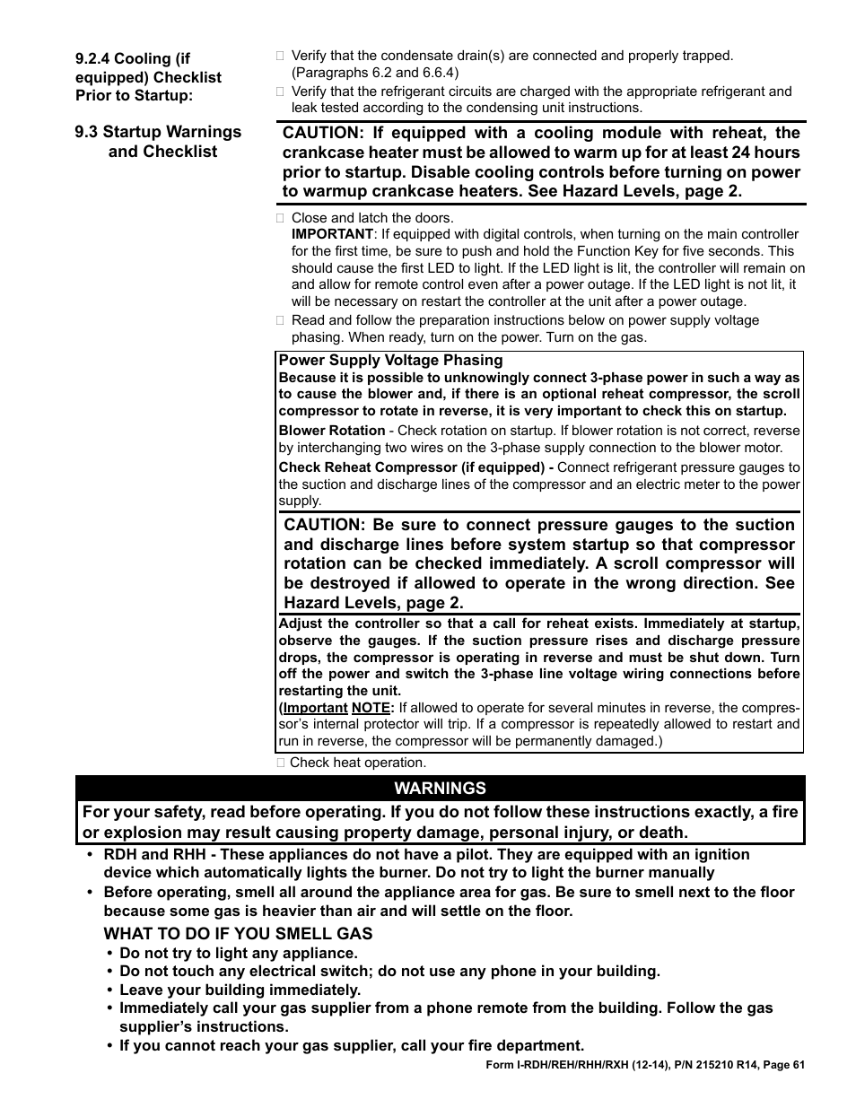 3 startup warnings and checklist | Reznor RXH (Outdoor PreevA) Unit Installation Manual User Manual | Page 61 / 68