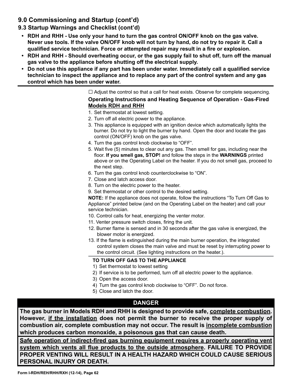0 commissioning and startup (cont’d) | Reznor RXH (Outdoor PreevA) Unit Installation Manual User Manual | Page 62 / 68