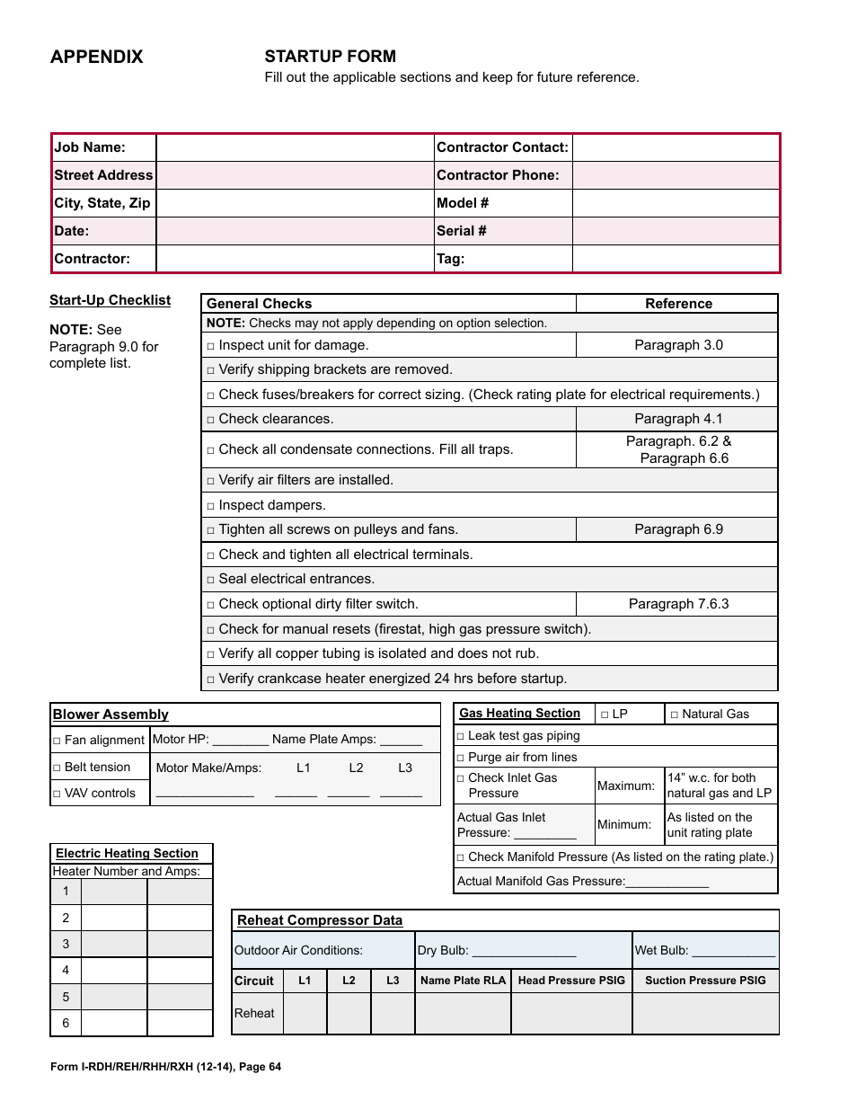 Appendix, Startup form | Reznor RXH (Outdoor PreevA) Unit Installation Manual User Manual | Page 64 / 68