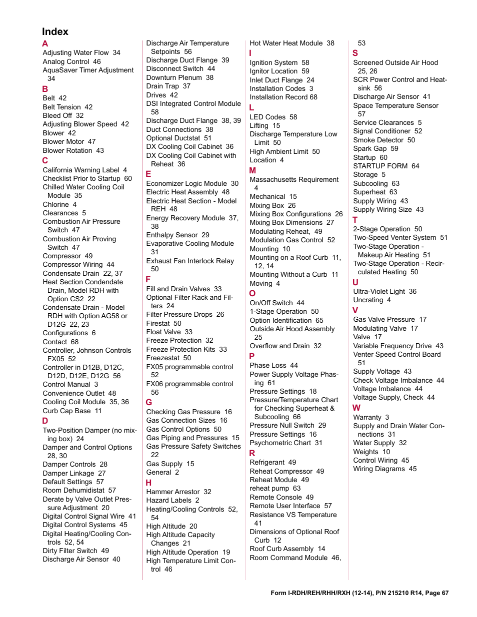 Index | Reznor RXH (Outdoor PreevA) Unit Installation Manual User Manual | Page 67 / 68