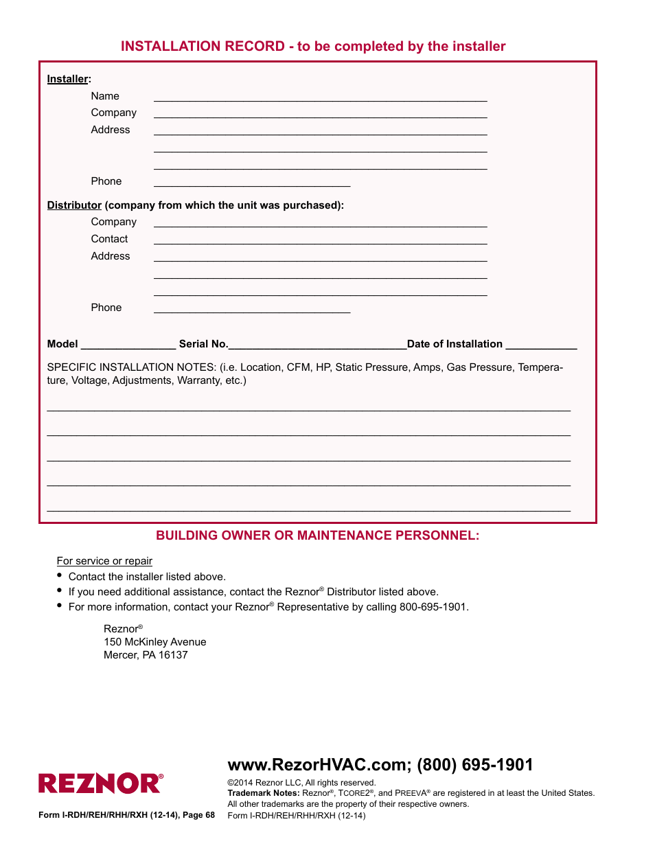 Installation record - to be completed by, The installer, Contact 68 | Building owner or maintenance personnel | Reznor RXH (Outdoor PreevA) Unit Installation Manual User Manual | Page 68 / 68