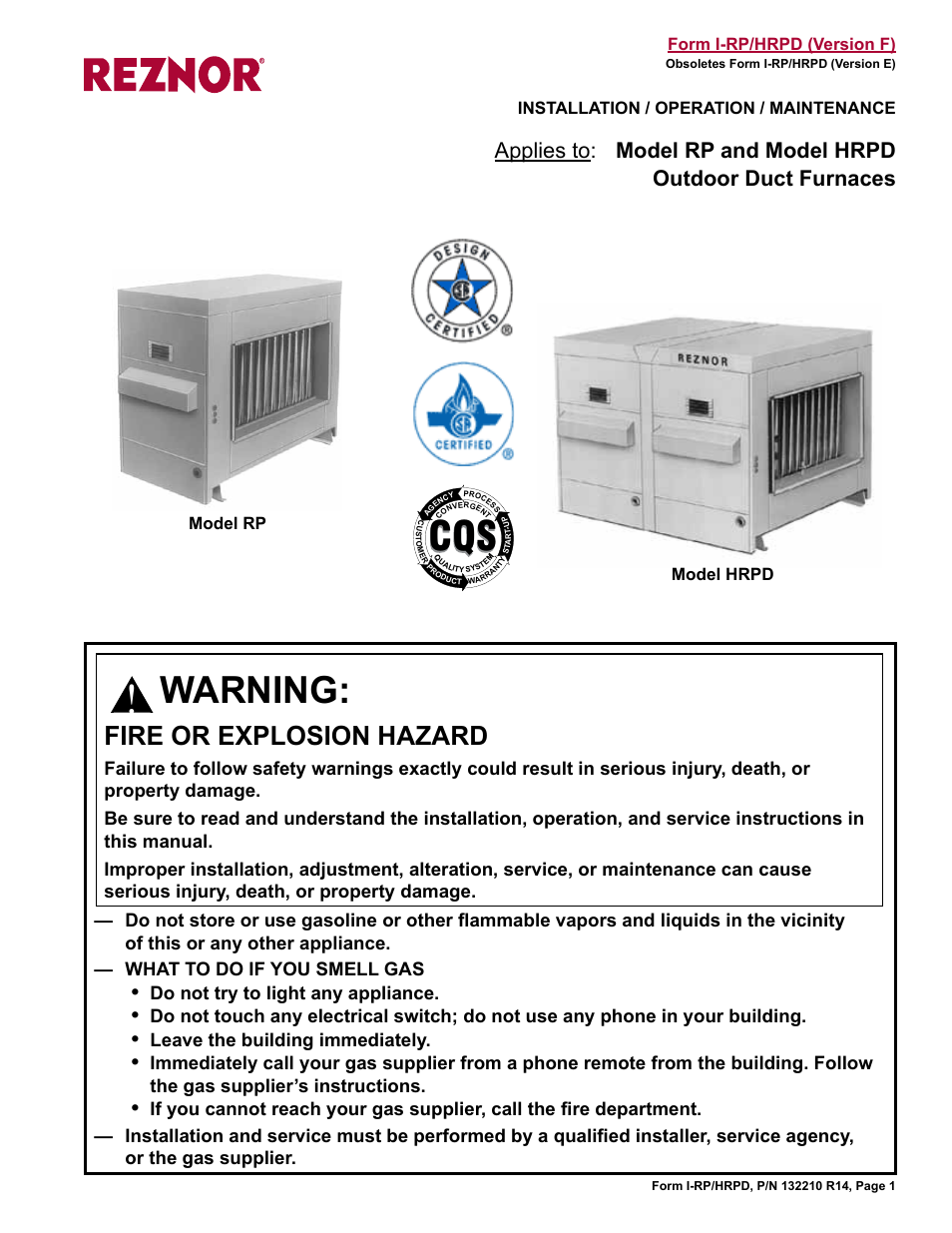 Reznor HRPD (Outdoor Duct Furnaces) Unit Installation Manual User Manual | 32 pages