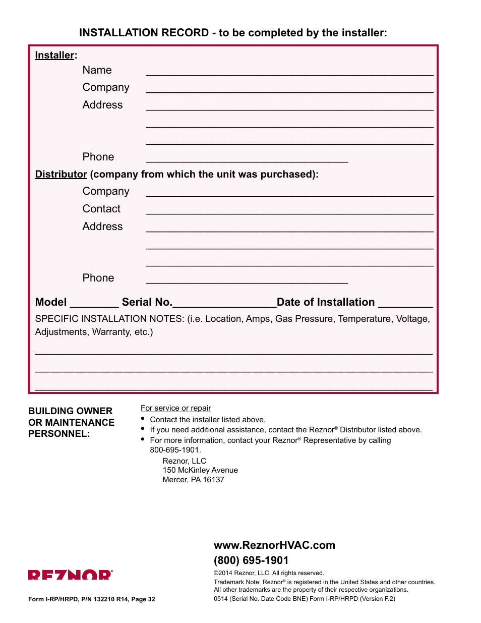 Reznor HRPD (Outdoor Duct Furnaces) Unit Installation Manual User Manual | Page 32 / 32