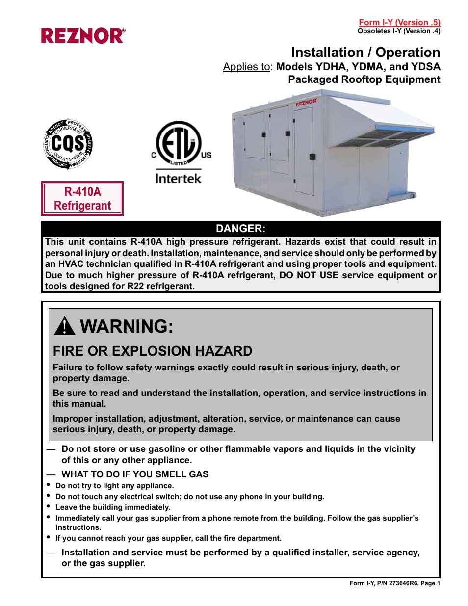 Reznor YDSA Unit Installation Manual User Manual | 76 pages