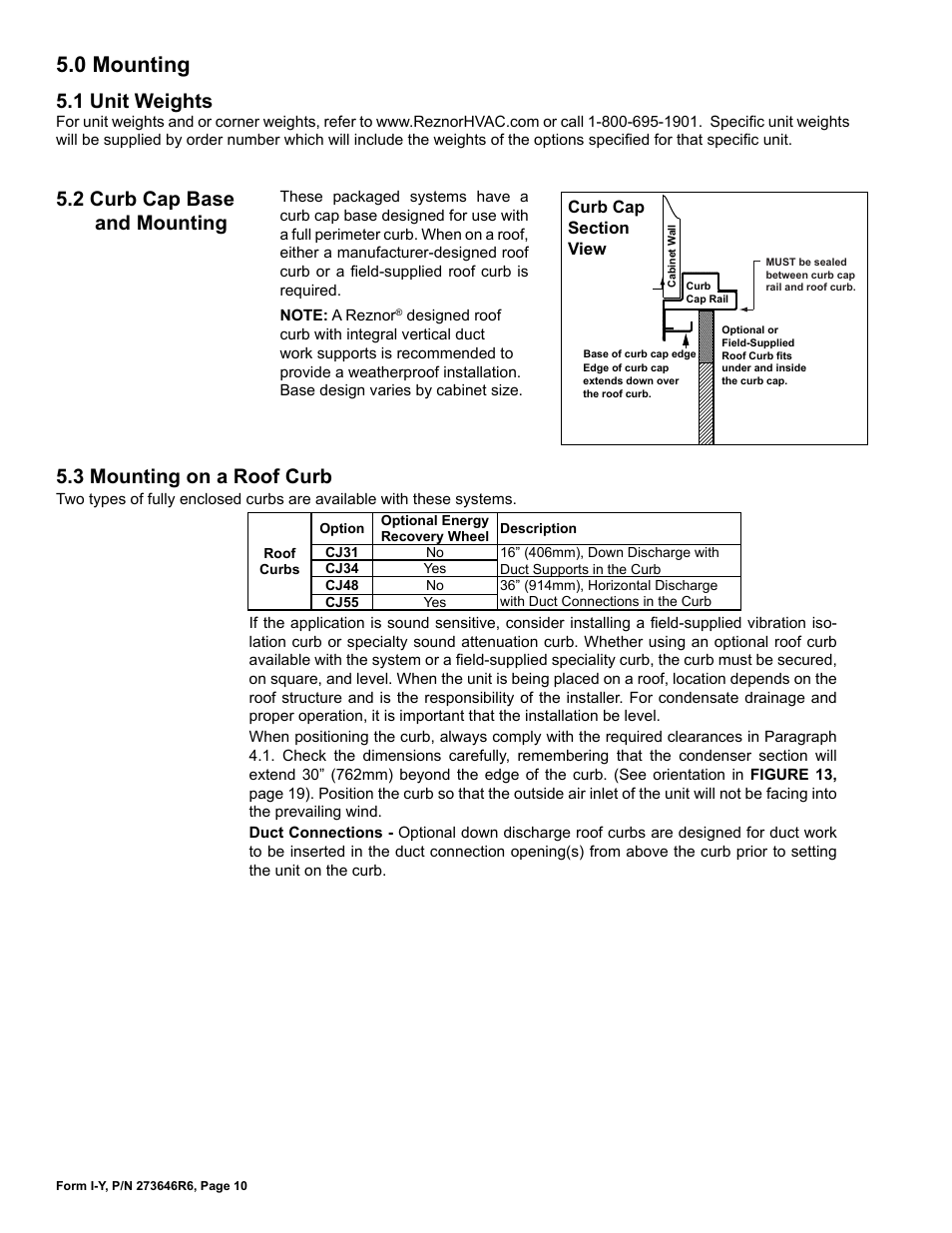 0 mounting, 1 unit weights, 2 curb cap base and mounting | 3 mounting on a roof curb | Reznor YDSA Unit Installation Manual User Manual | Page 10 / 76