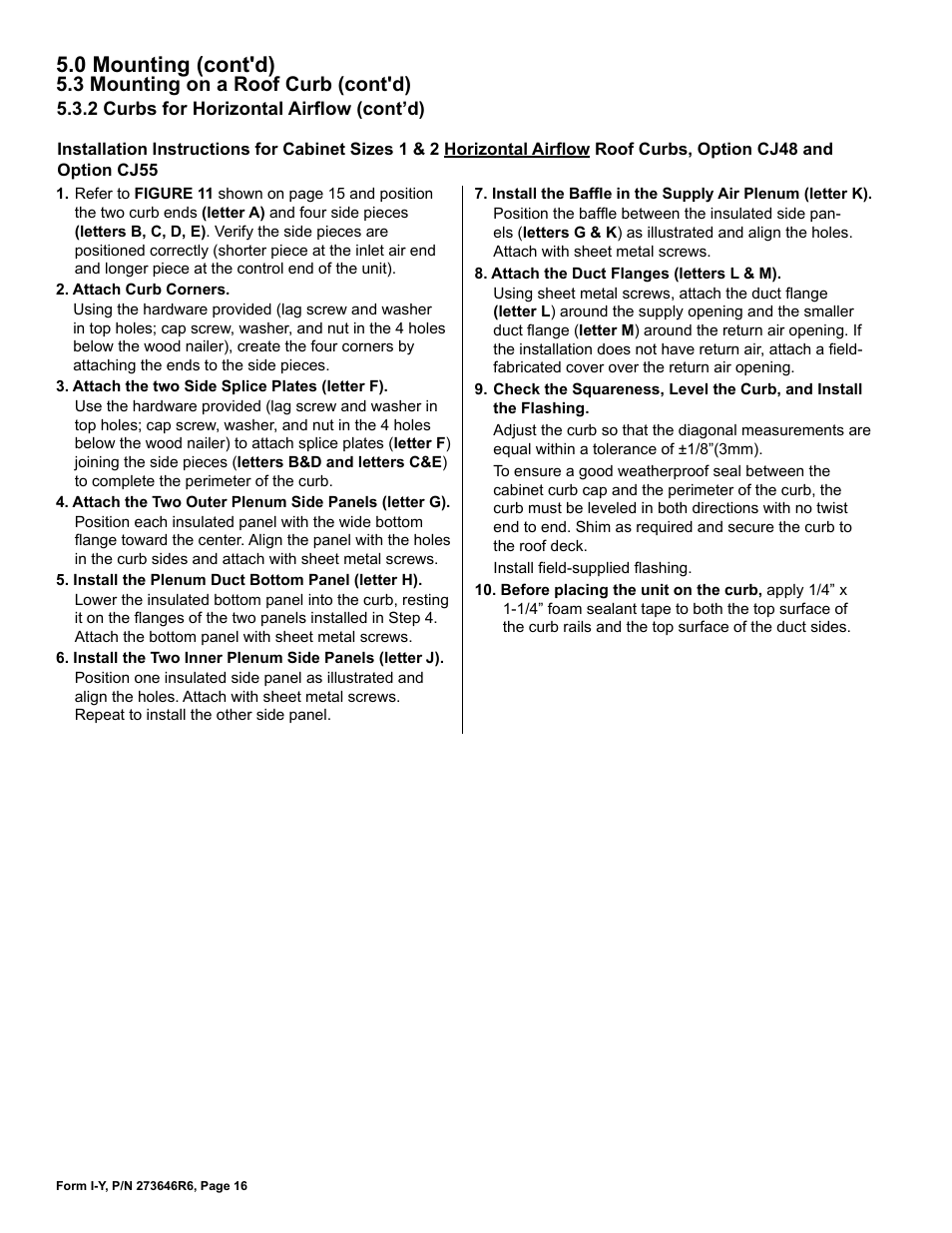 0 mounting (cont'd), 3 mounting on a roof curb (cont'd) | Reznor YDSA Unit Installation Manual User Manual | Page 16 / 76