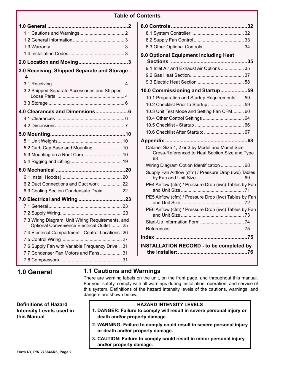 0 general, 1 cautions and warnings | Reznor YDSA Unit Installation Manual User Manual | Page 2 / 76