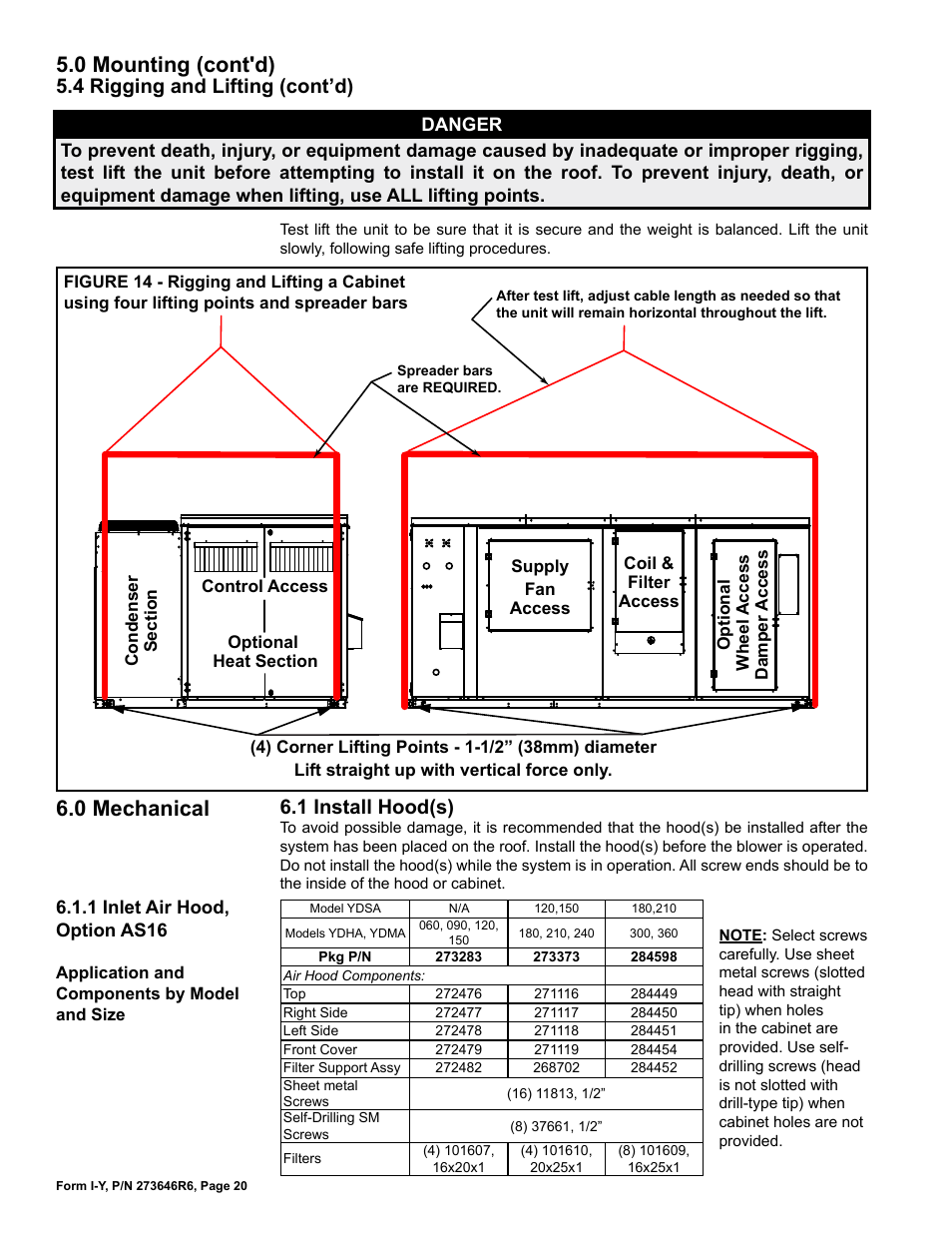 0 mechanical, 1 install hood(s), 0 mounting (cont'd) | 4 rigging and lifting (cont’d) | Reznor YDSA Unit Installation Manual User Manual | Page 20 / 76