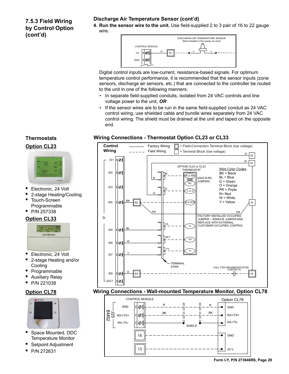 3 field wiring by control option (cont’d), Option cl23 option cl33, Discharge air temperature sensor (cont’d) | Reznor YDSA Unit Installation Manual User Manual | Page 29 / 76