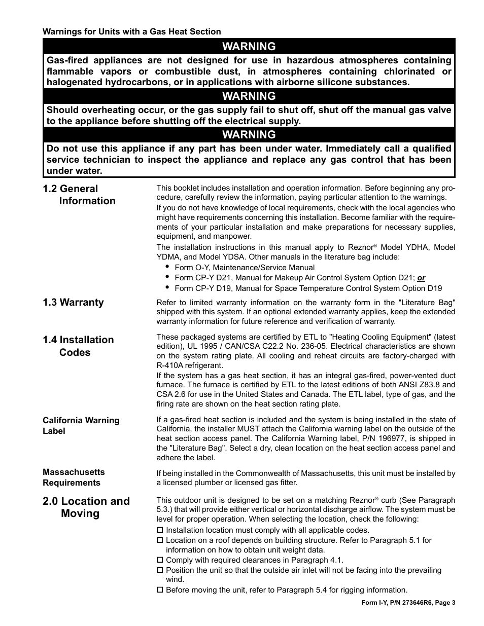 0 location and moving, Warning, 2 general information | 3 warranty, 4 installation codes | Reznor YDSA Unit Installation Manual User Manual | Page 3 / 76