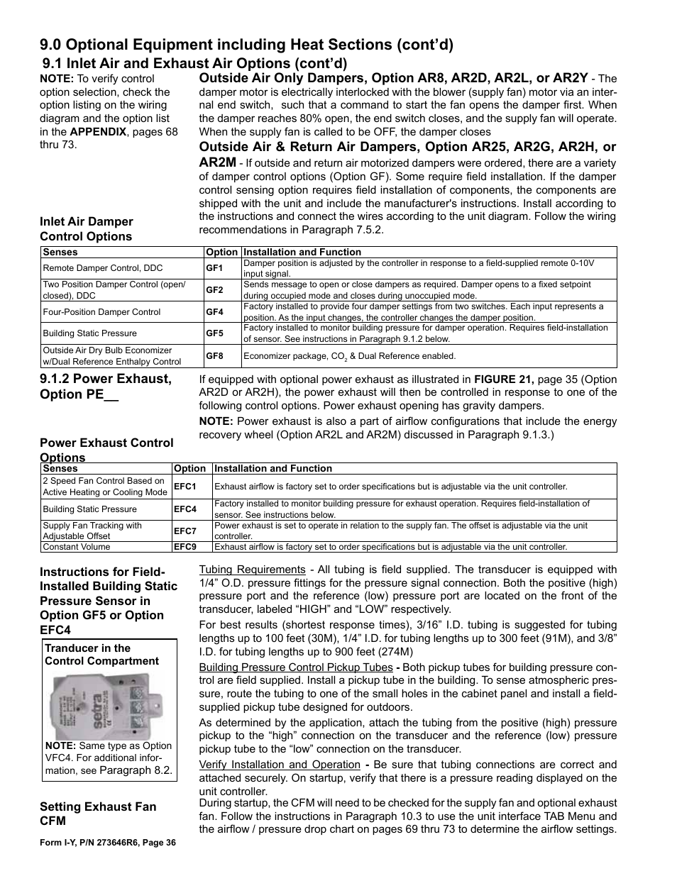 1 inlet air and exhaust air options (cont’d), 2 power exhaust, option pe | Reznor YDSA Unit Installation Manual User Manual | Page 36 / 76