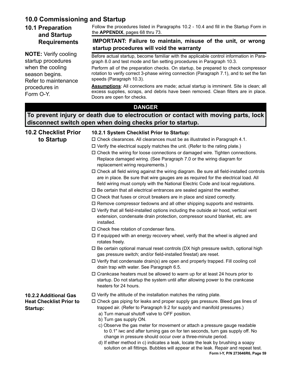 0 commissioning and startup, 2 checklist prior to startup, 1 preparation and startup requirements | Reznor YDSA Unit Installation Manual User Manual | Page 59 / 76